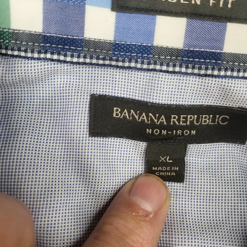Banana Republic Dress Shirt Mens XL Blue Plaid Slim Fit Non Iron Long Sleeve
